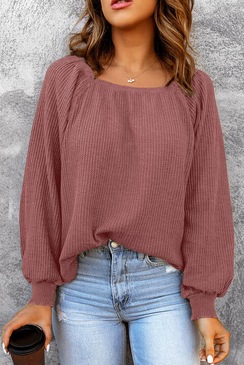 Square Neck Waffle-Knit Top