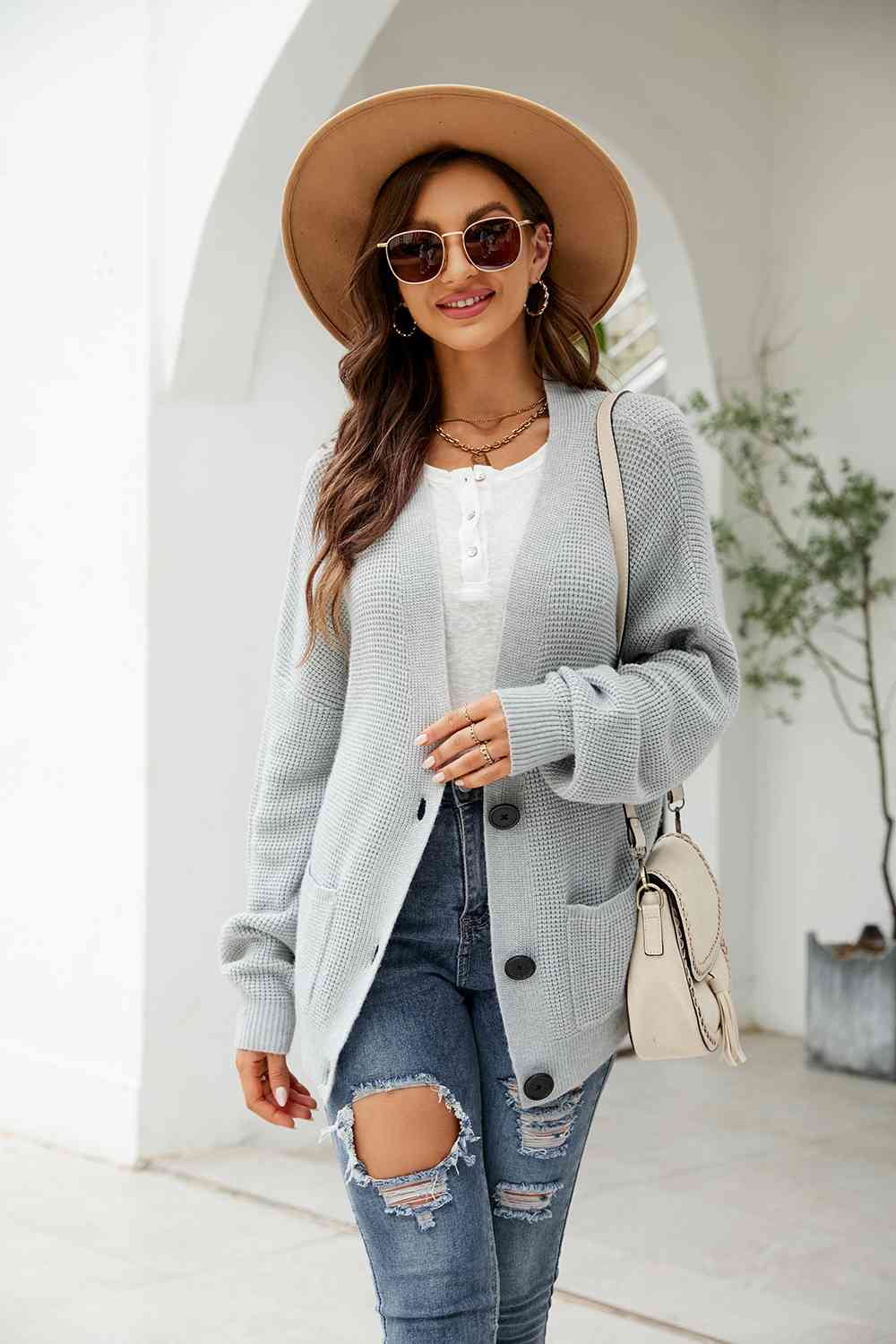 Button Up Drop Shoulder Long Sleeve Cardigan