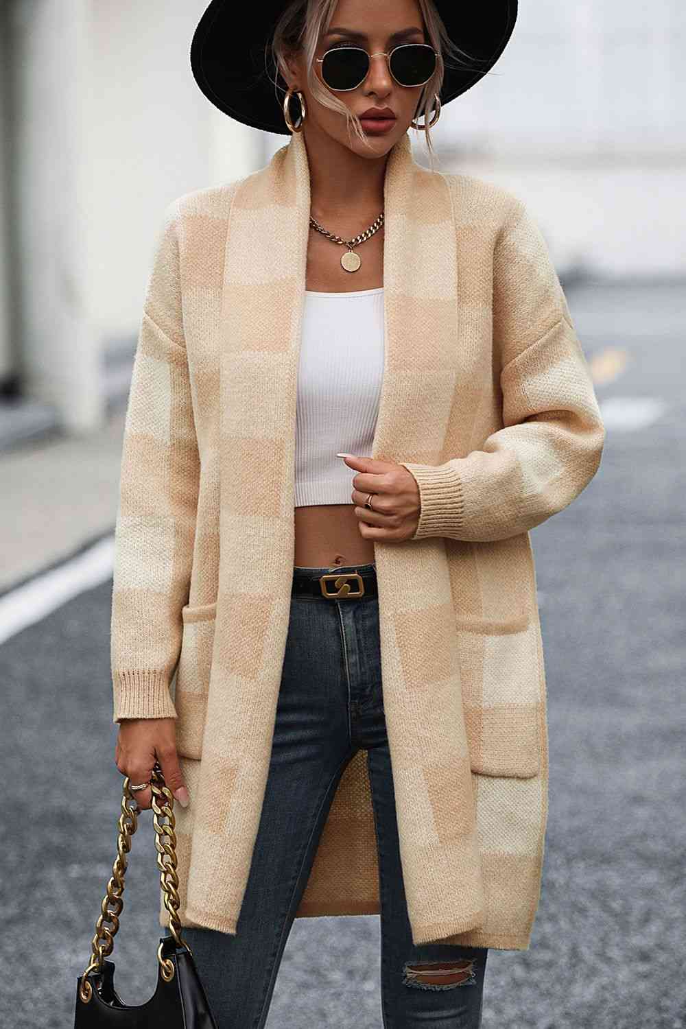 Plaid Dropped Shoulder Cardigan with Pocket