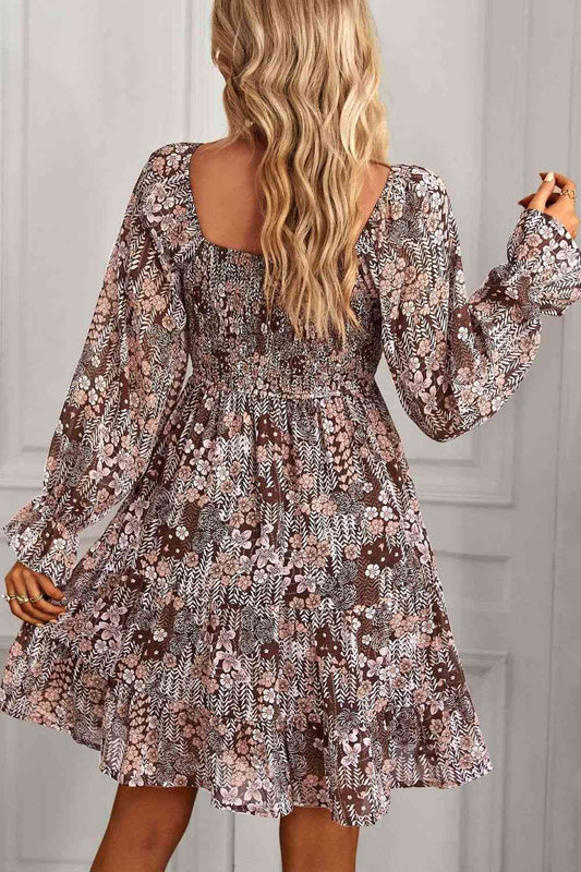 Floral Long Flounce Sleeve Square Neck Dress