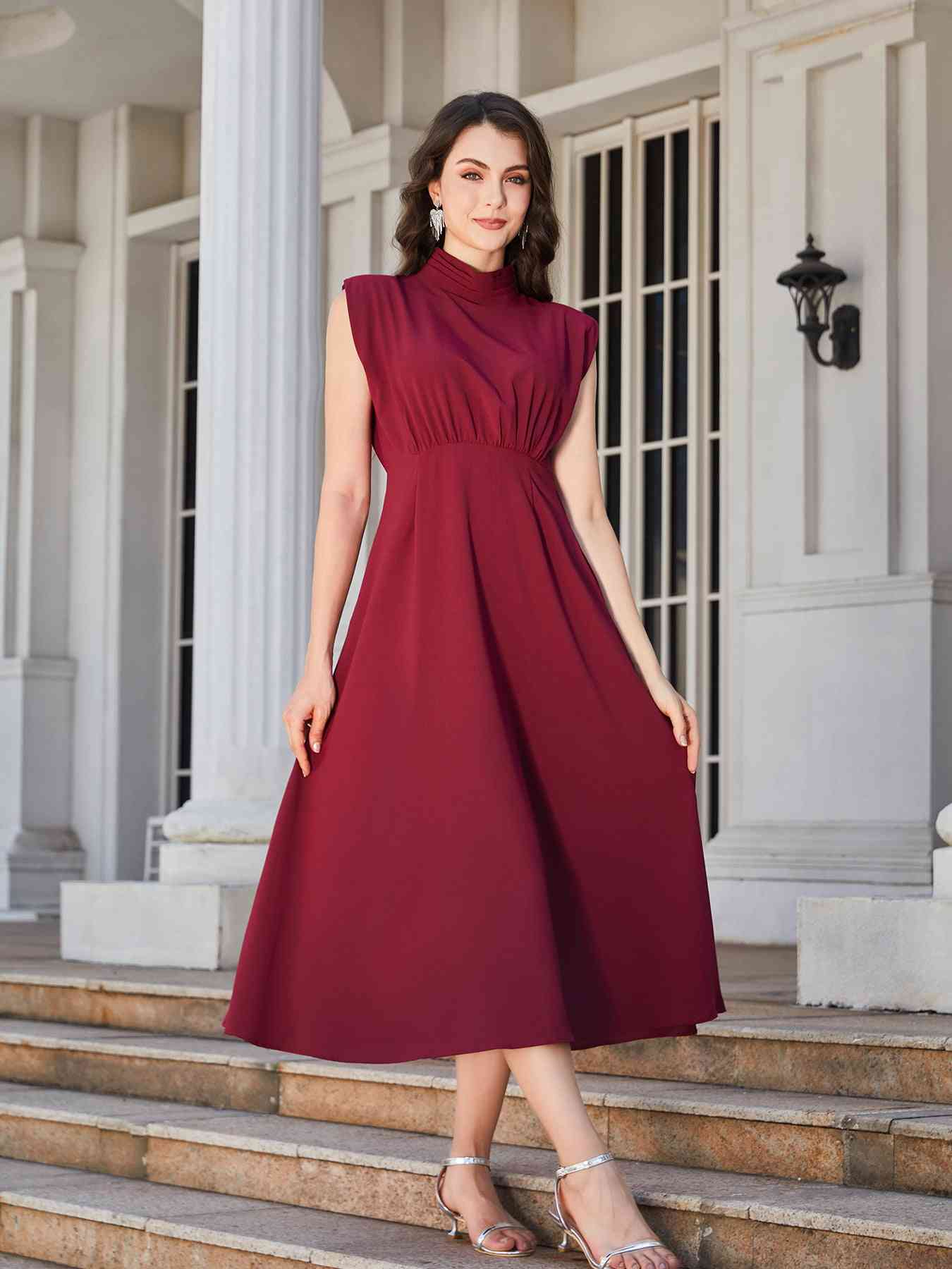 Ruched Mock Neck Cap Sleeve Midi Dress