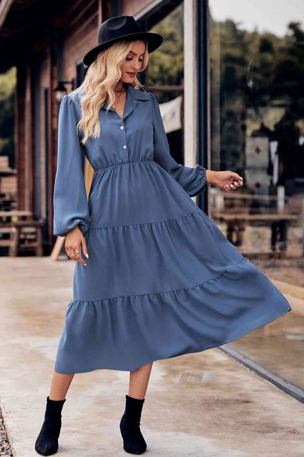 Collared Neck Long Sleeve Midi Dress