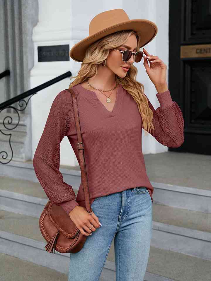 Notched Neck Raglan Sleeve Blouse