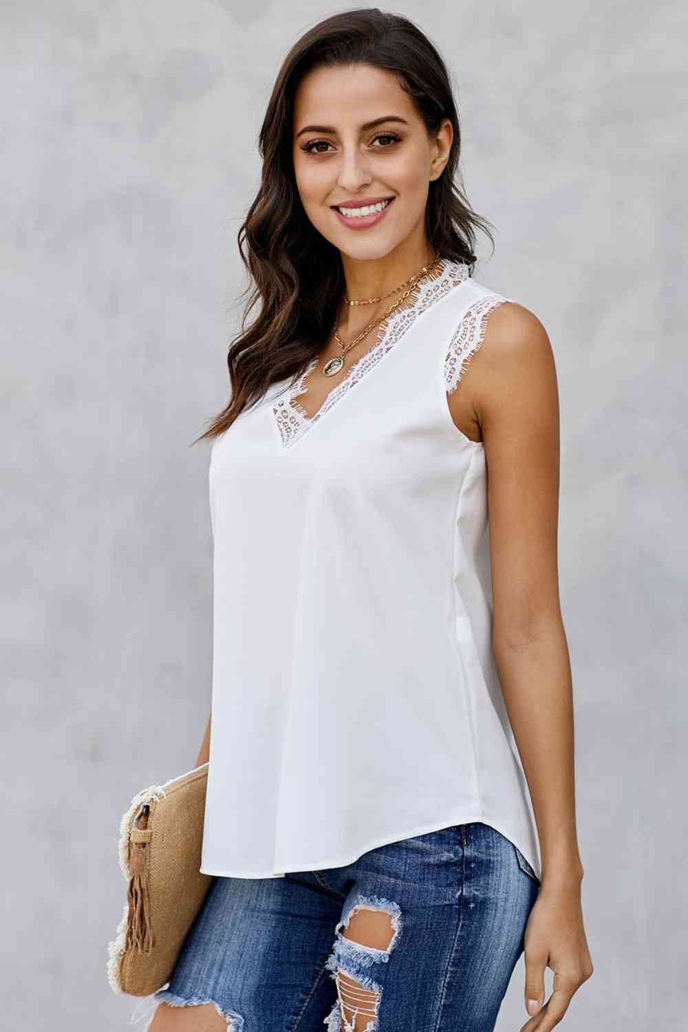 V-Neck Lace Trim Tank Top