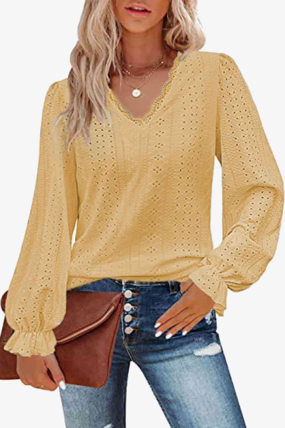 Eyelet V-Neck Flounce Sleeve Blouse