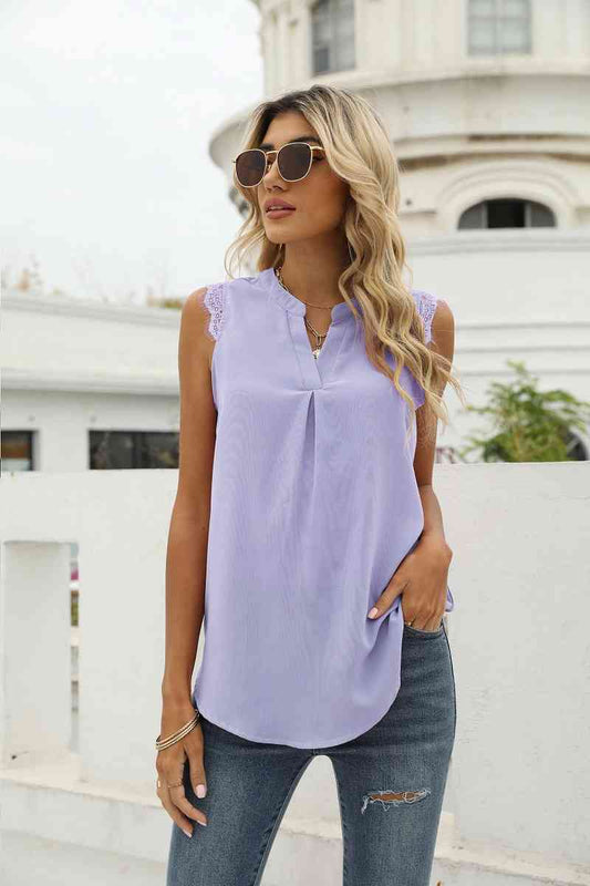 Eyelash Trim Spliced Lace Sleeveless Top