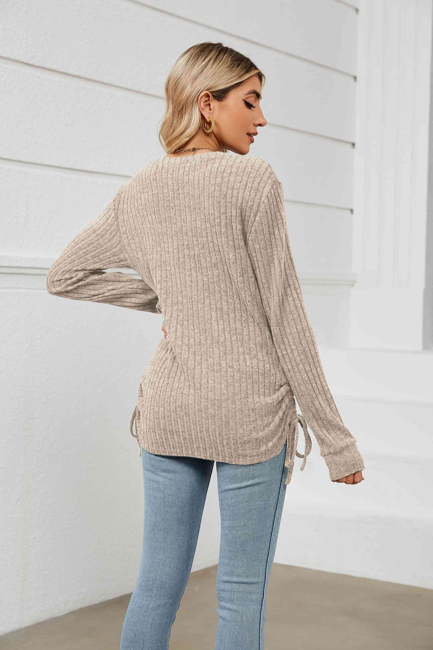 Drawstring Ribbed Long Sleeve T-Shirt