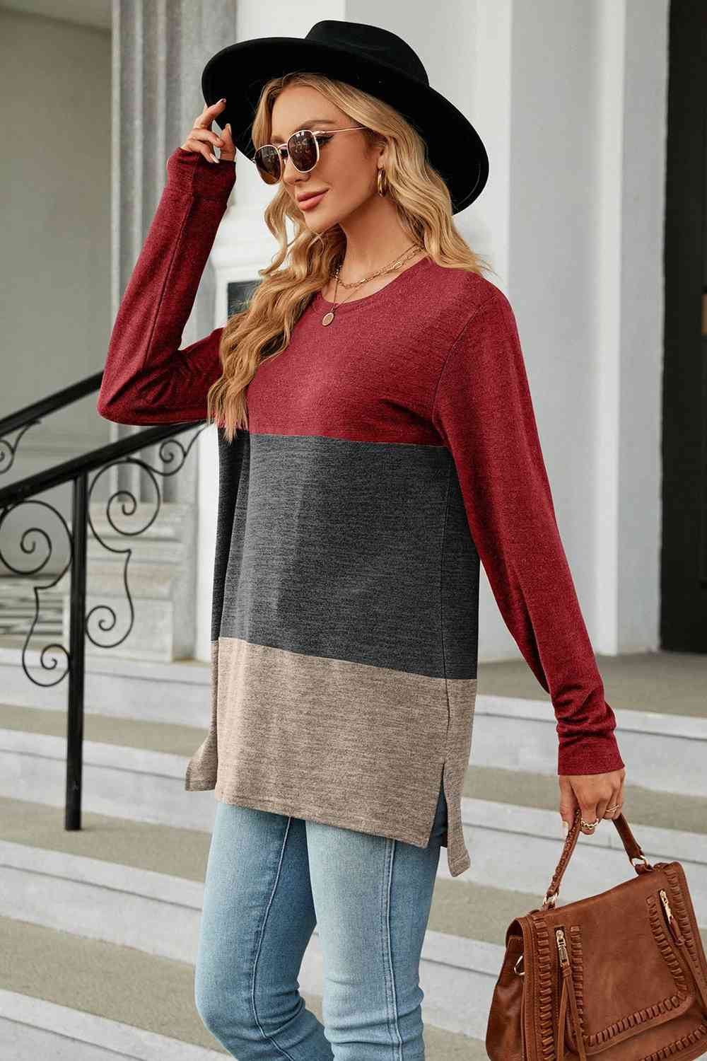 Color Block Round Neck Long Sleeve Slit T-Shirt