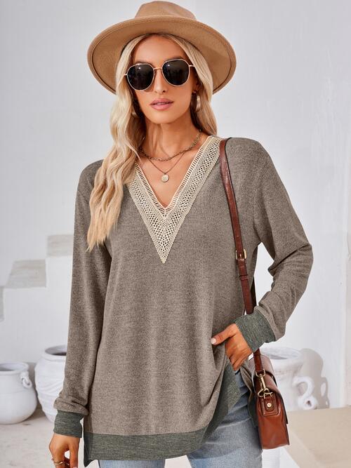 Crochet Contrast V-Neck Long Sleeve Slit T-Shirt