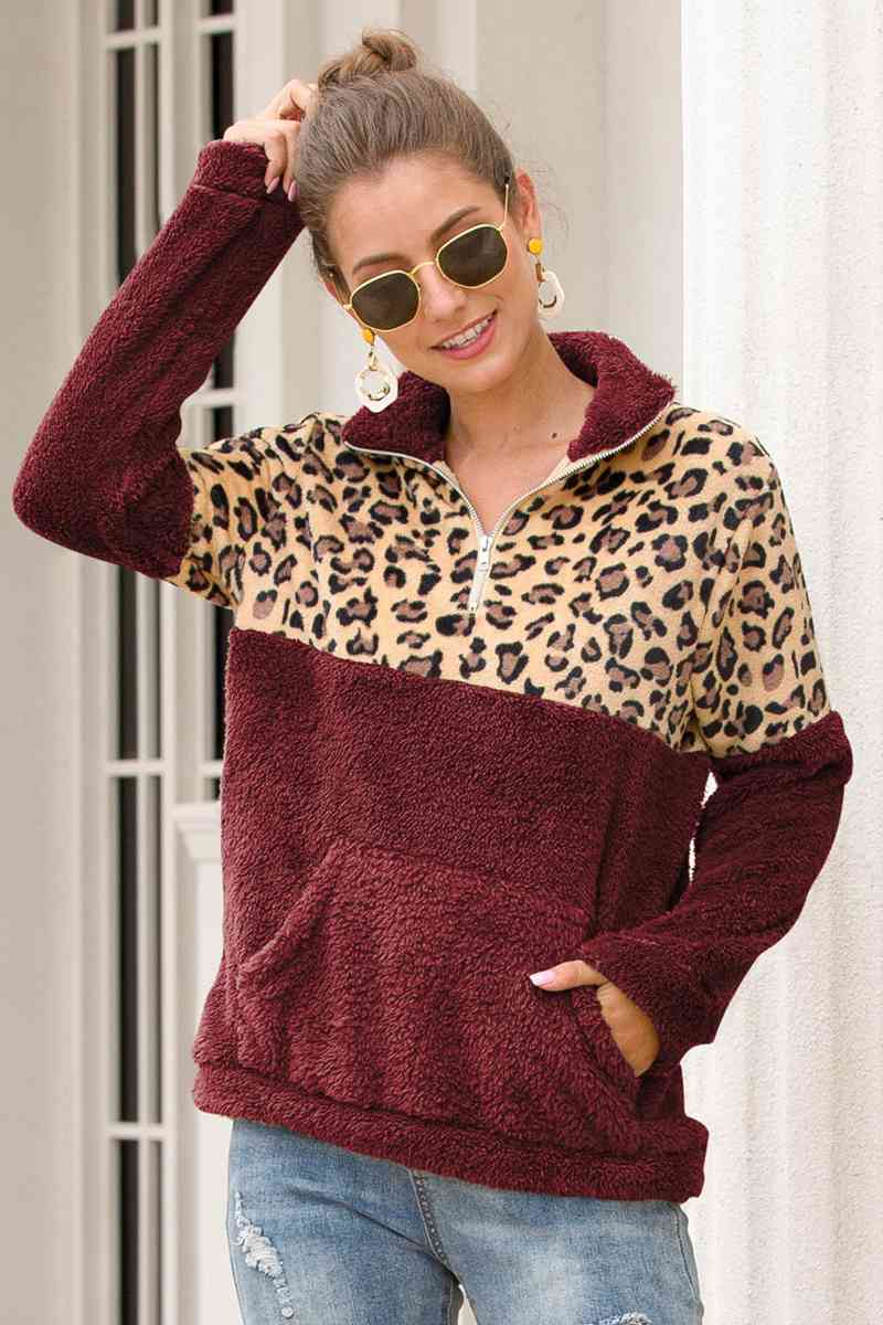 Leopard Zip-Up Turtle Neck Dropped Shoulder Sweatshirt