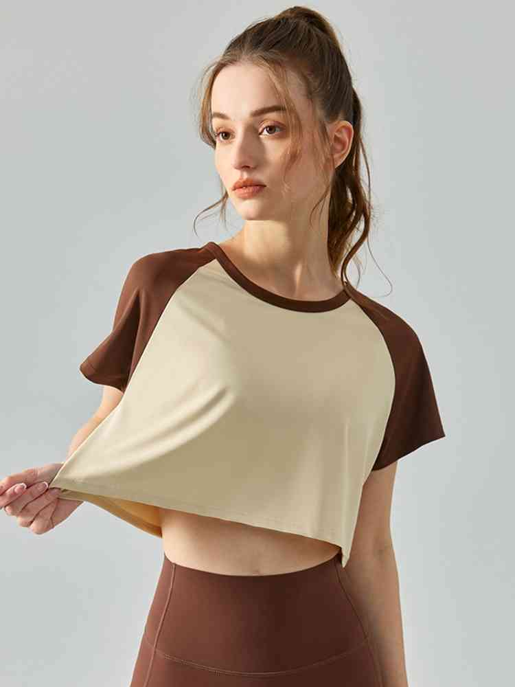 Round Neck Raglan Sleeve Cropped Sports Top