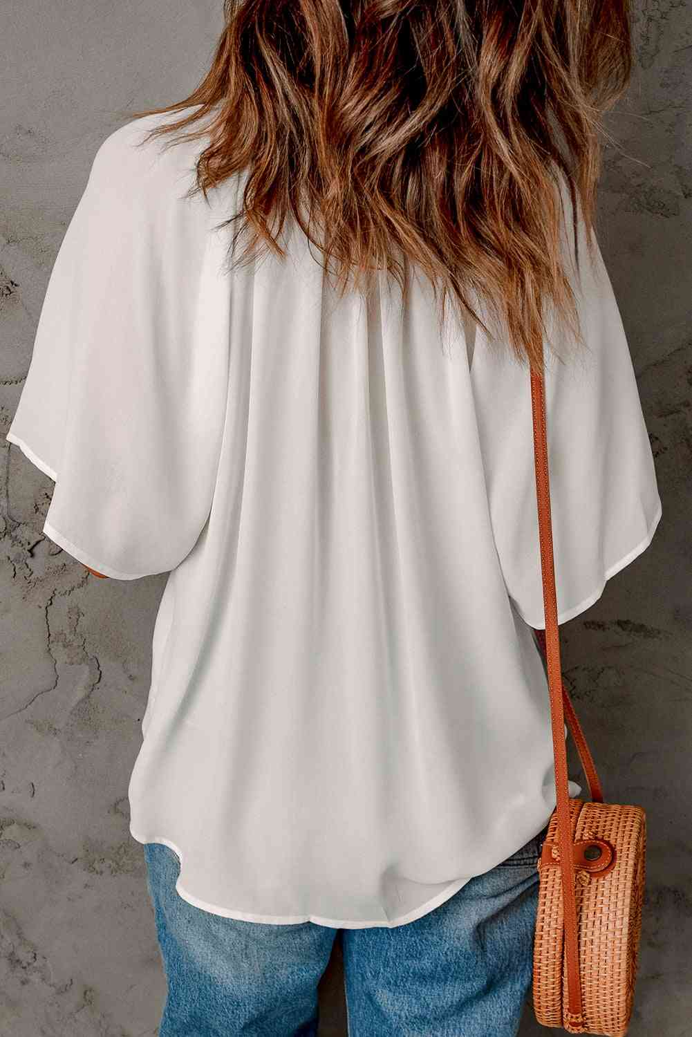 Gathered Detail Notched Neck Flutter Sleeve Top