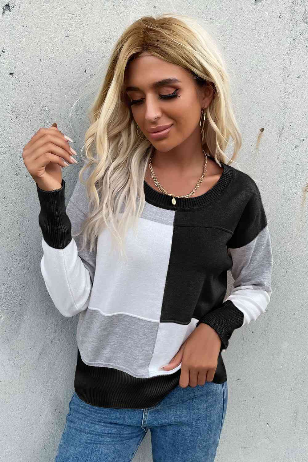 Color Block Ribbed Trim Round Neck Knit Pullover