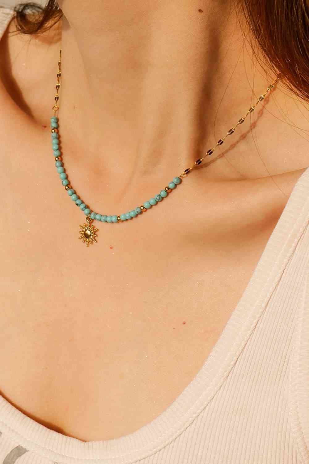 Turquoise Beaded 18K Gold-Plated Sun Shape Pendant Necklace