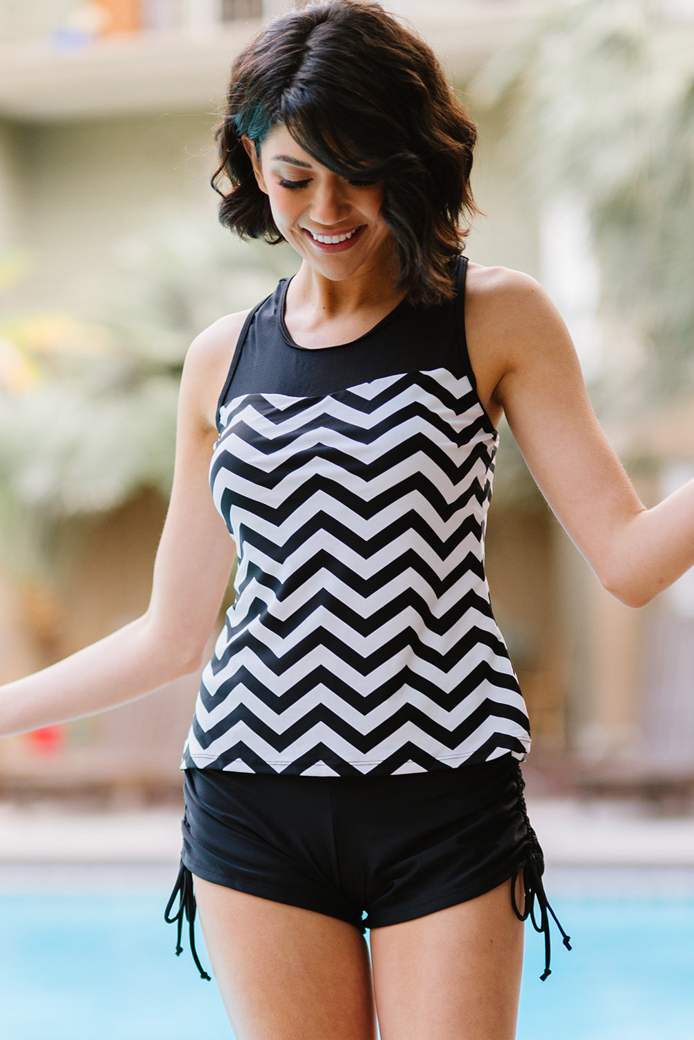 Full Size Chevron Print Ruched Tankini Set