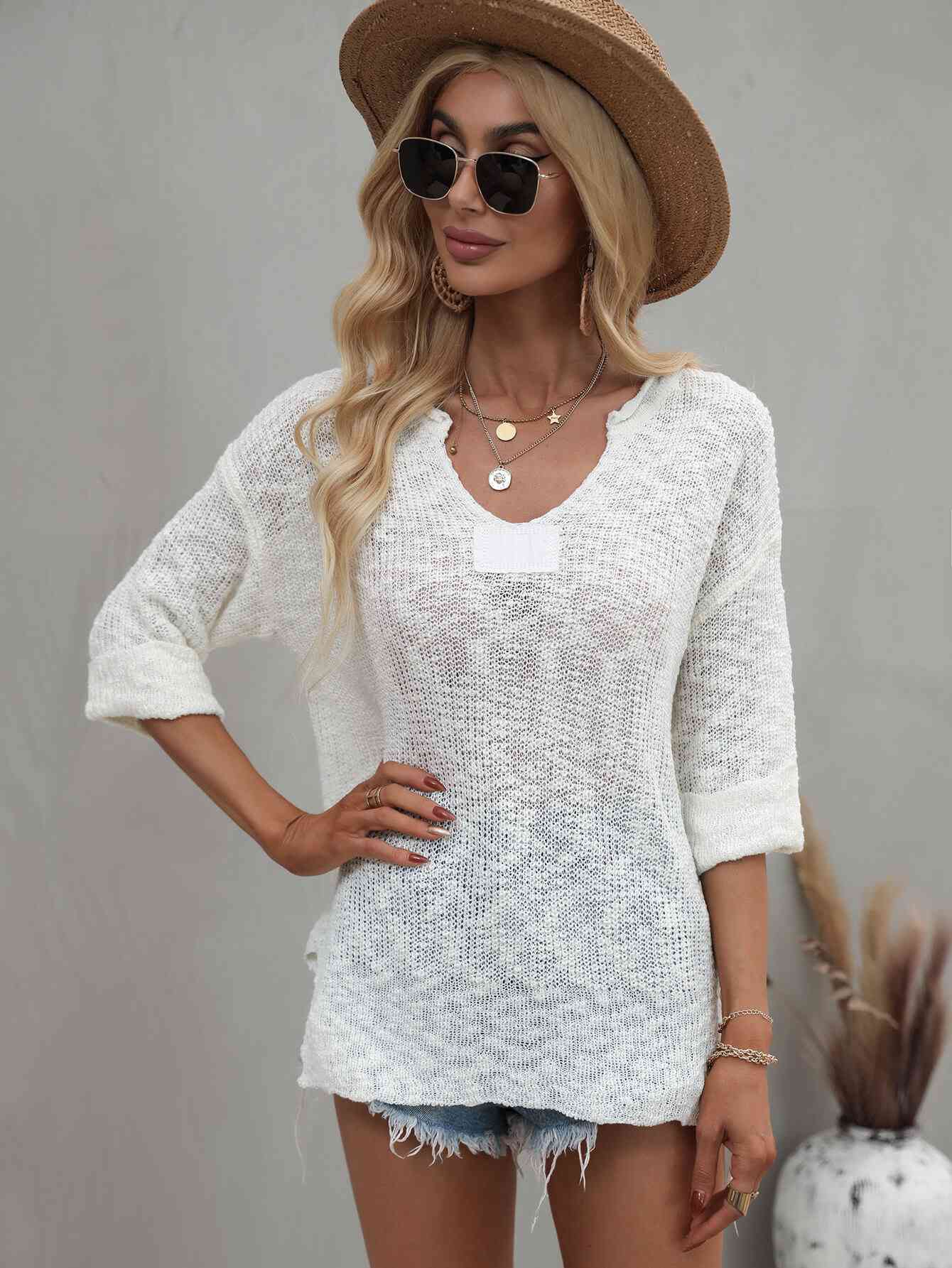 Notched Side Slit Drop Shoulder Sweater