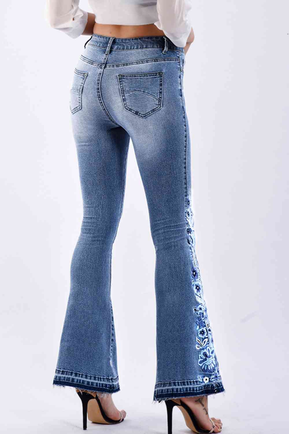 Full Size Flower Embroidery Wide Leg Jeans