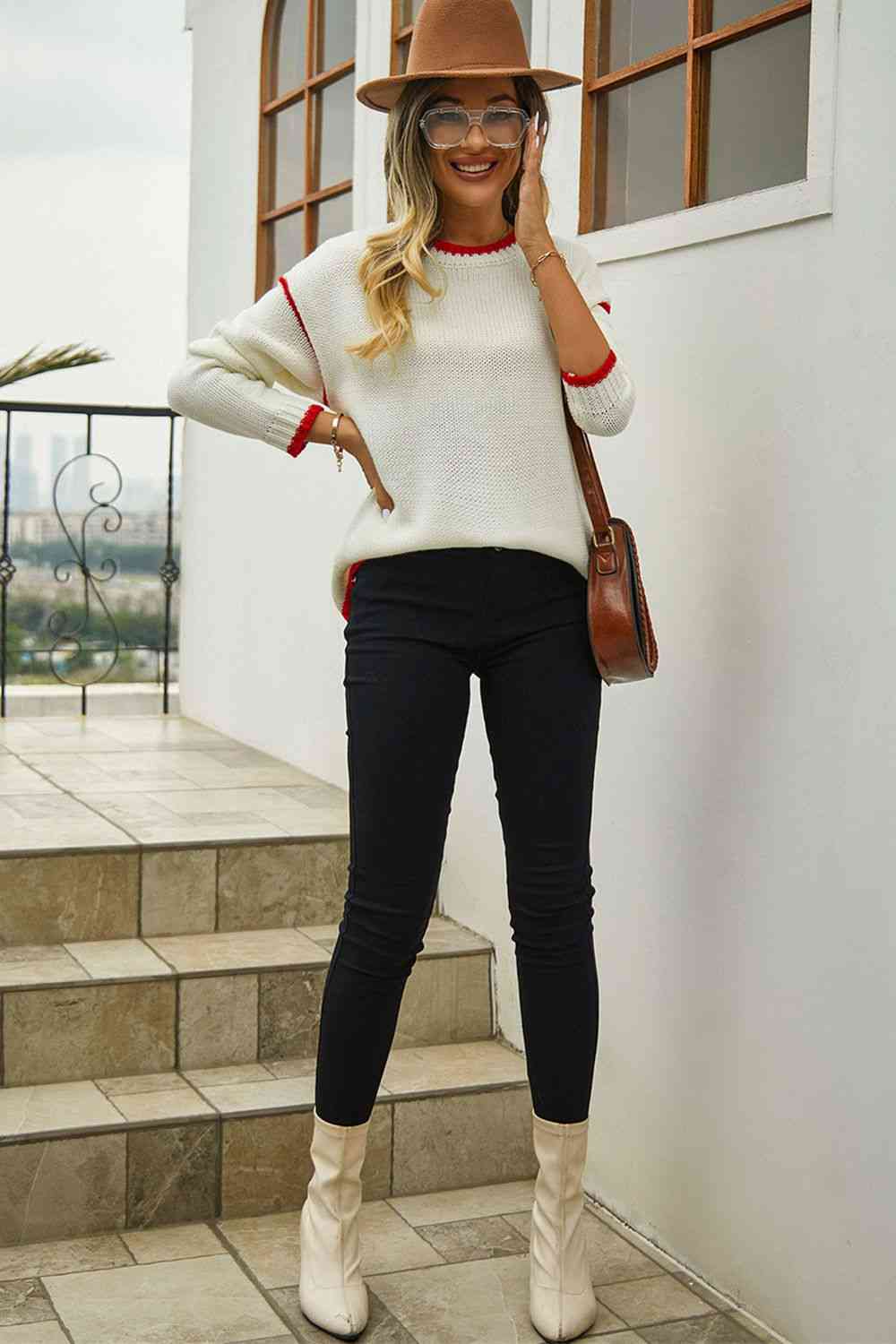 Round Neck Long Sleeve Waffle-Knit Sweater