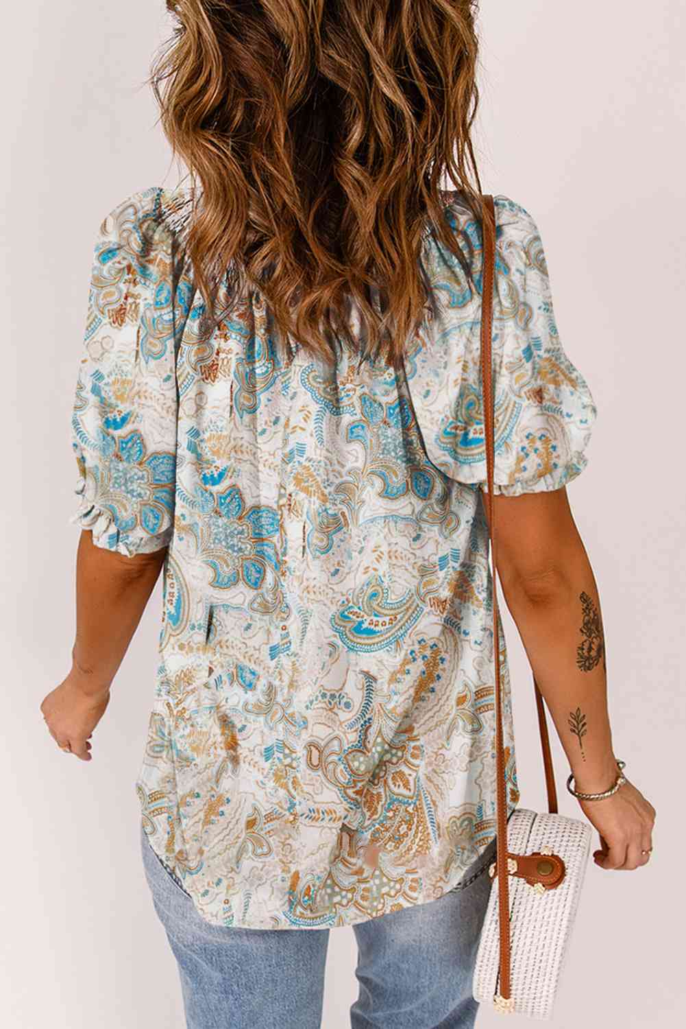 Printed Tie Neck Flounce Sleeve Top