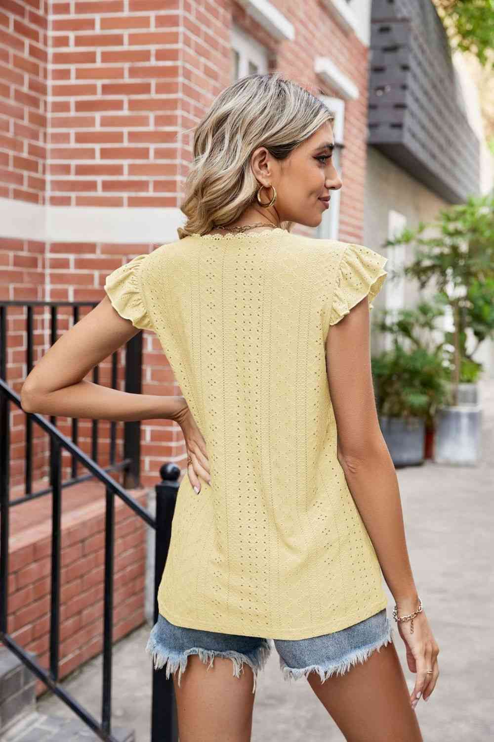 Eyelet Flutter Sleeve Scalloped V-Neck Top