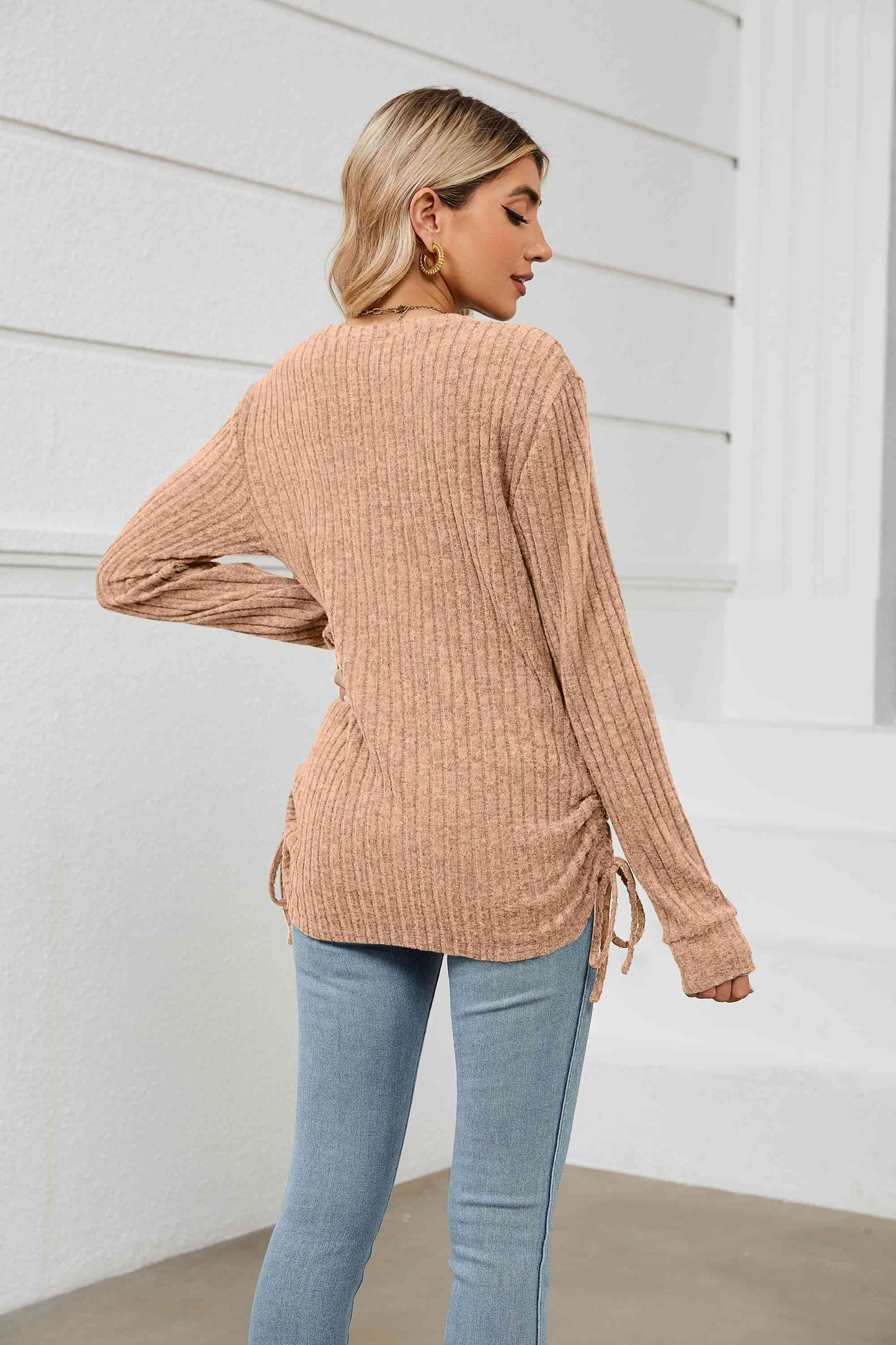 Drawstring Ribbed Long Sleeve T-Shirt