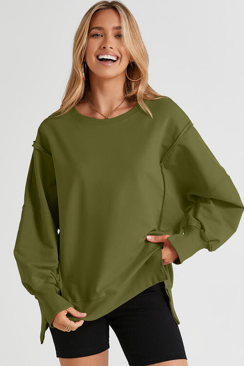 Exposed Seam Long Sleeve Slit Sweatshirt