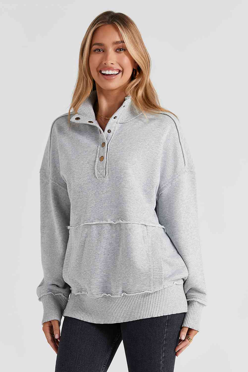 Half Snap Drop Shoulder Long Sleeve Sweatshirt