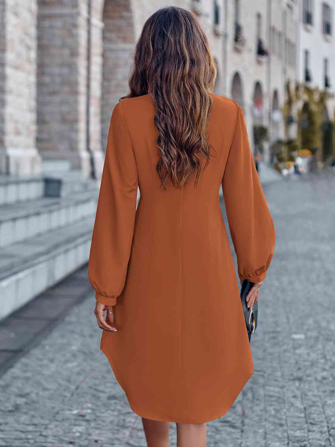 Notched Neck Long Sleeve Dress