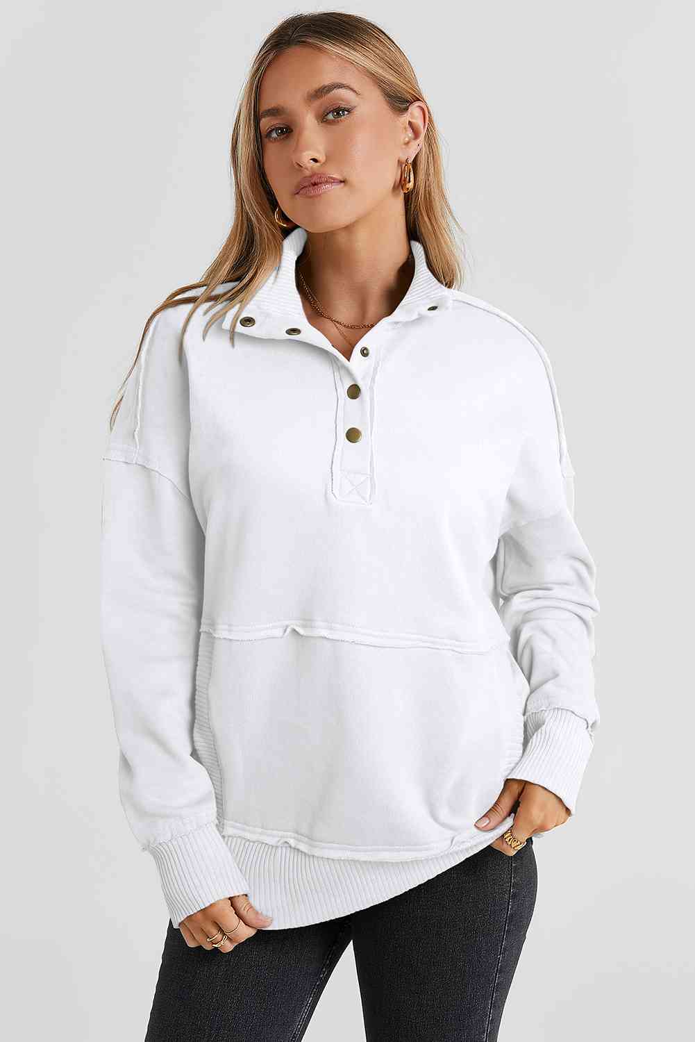 Half Snap Drop Shoulder Long Sleeve Sweatshirt