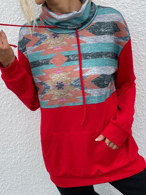 Geometric Drawstring Long-Sleeve Sweatshirt