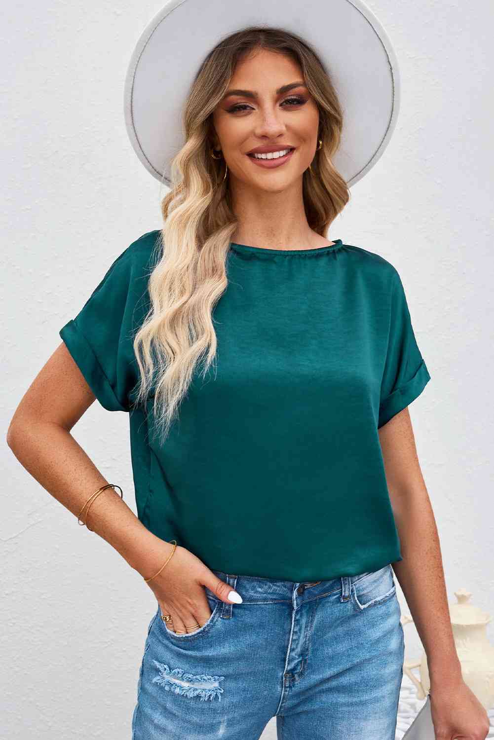 Round Neck Cuffed Sleeve Top