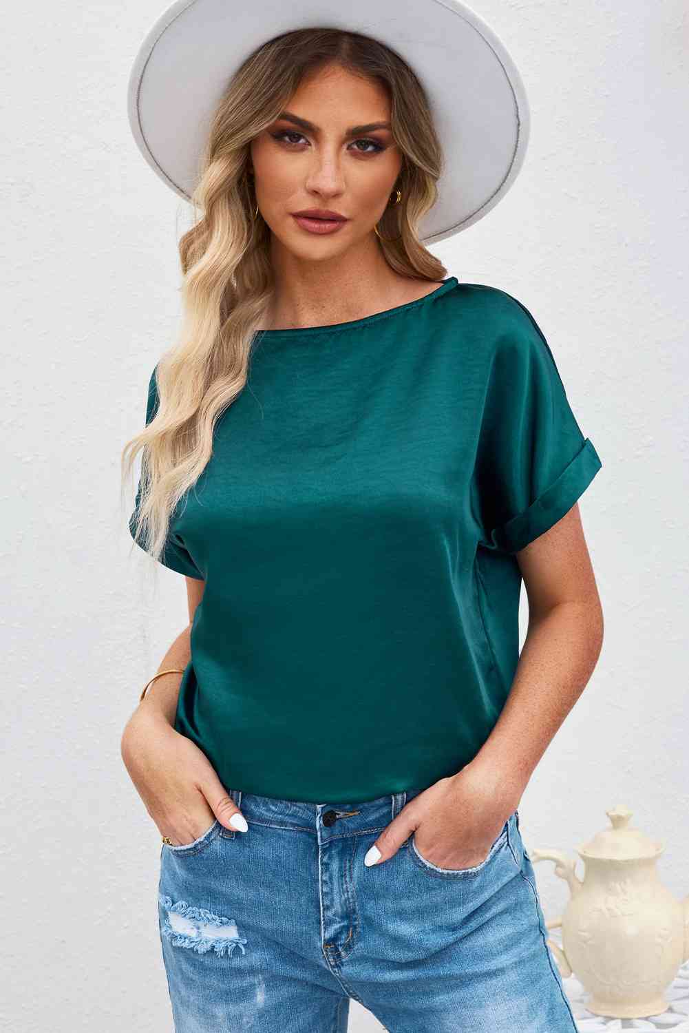 Round Neck Cuffed Sleeve Top