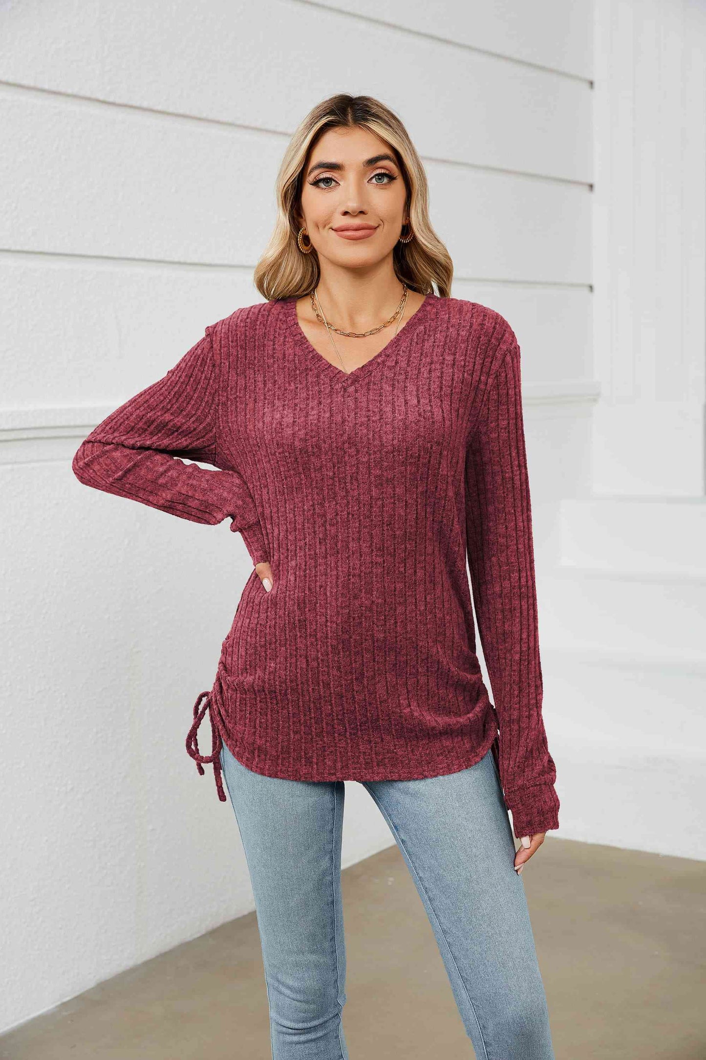 Drawstring Ribbed Long Sleeve T-Shirt