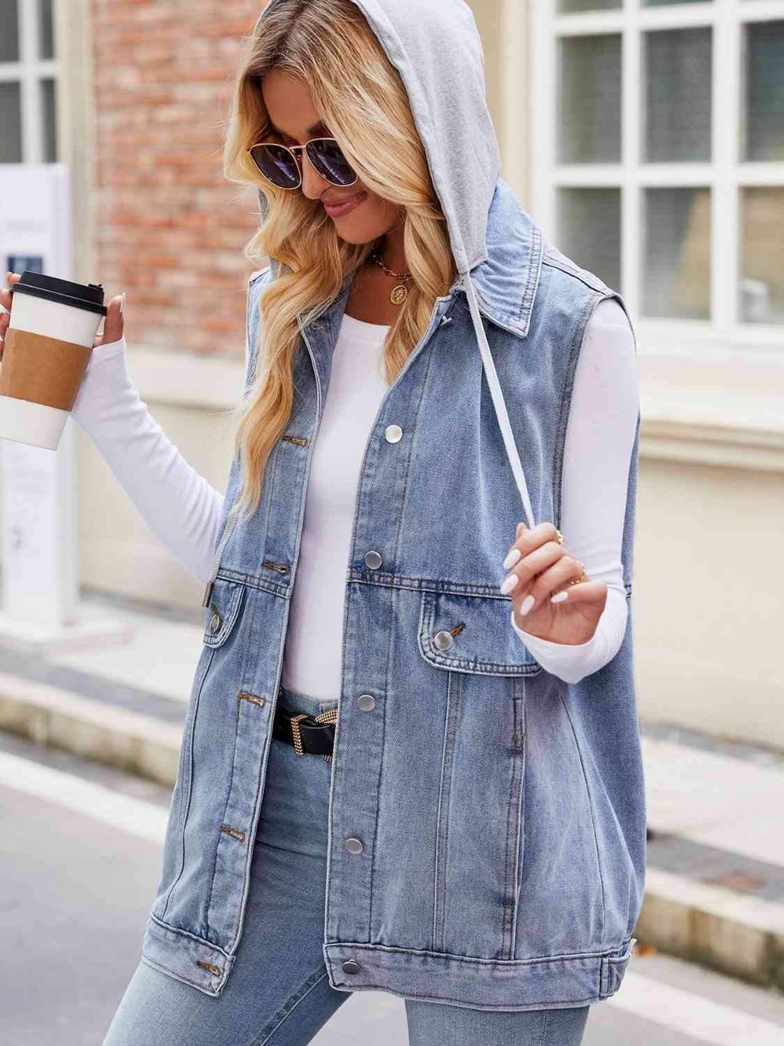 Drawstring Hooded Sleeveless Denim Jacket