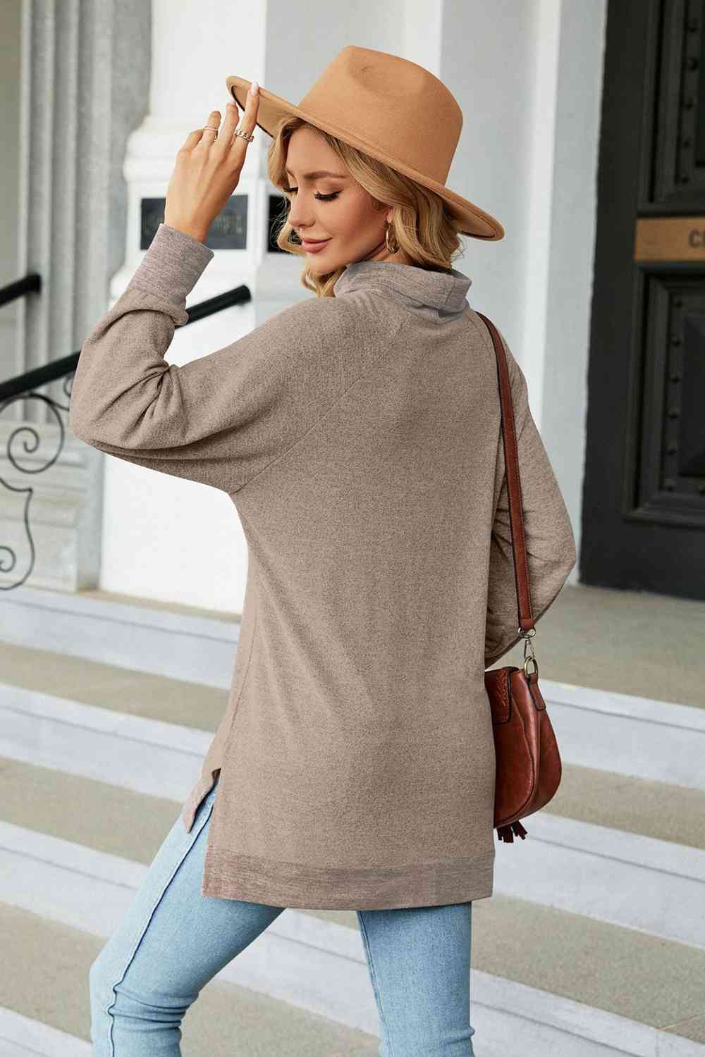 Turtle Neck Long Sleeve Slit Blouse