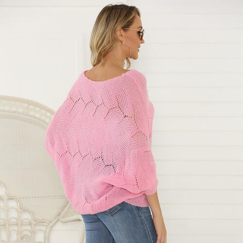 Eyelet V-Neck Batwing Sleeve Knit Top