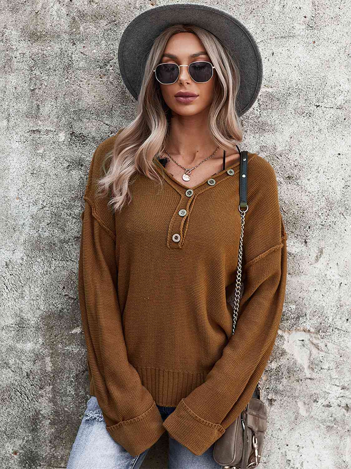 Buttoned Exposed Seam Knit Top