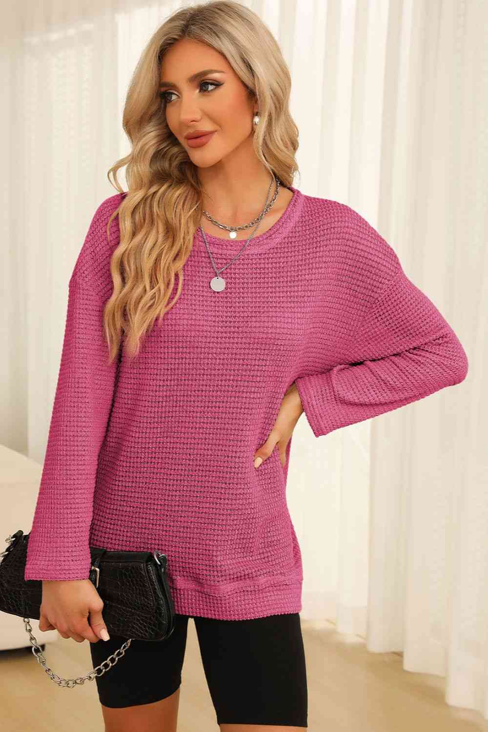 Waffle-Knit Round Neck Long Sleeve Sweatshirt