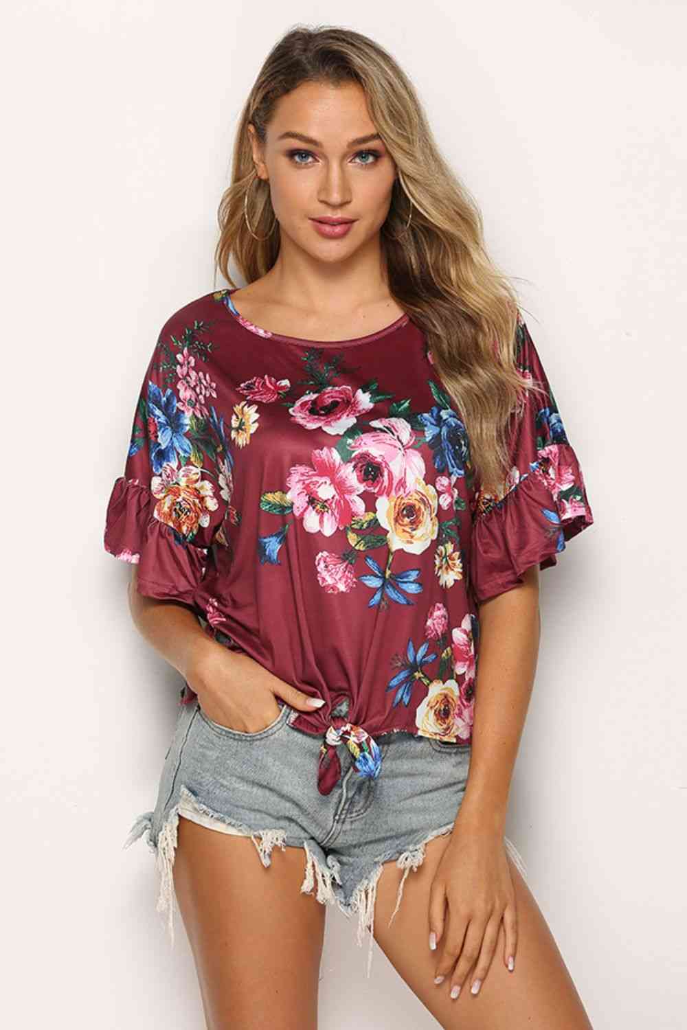 Floral Tie Hem Flounce Sleeve Top