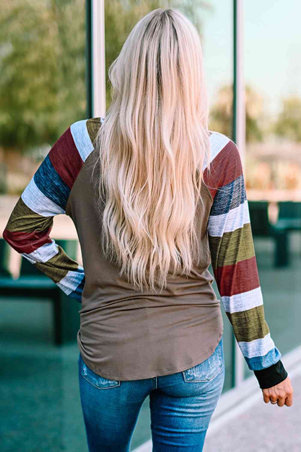 Double Take Color Block Curved Hem Long Sleeve Tee