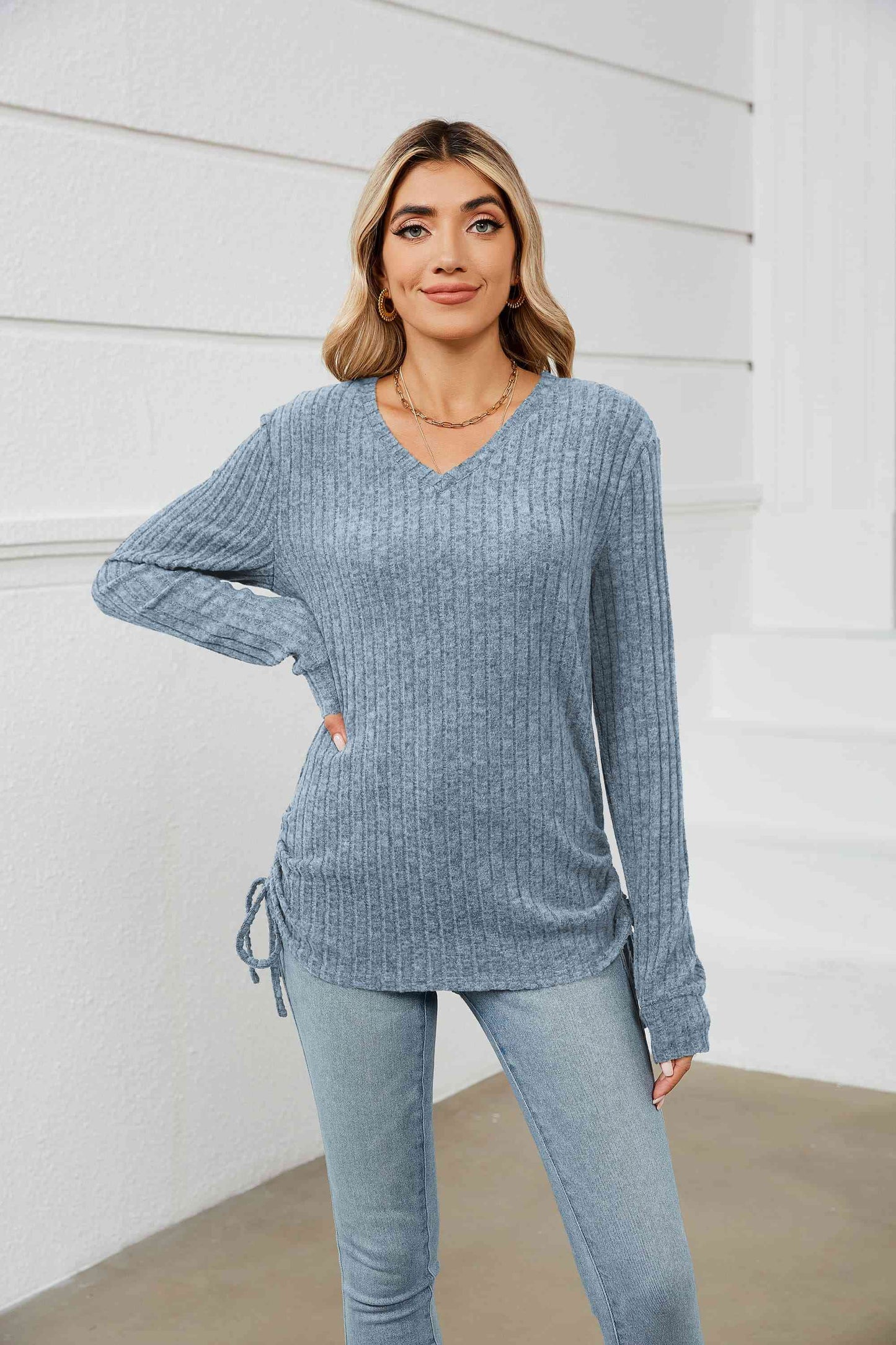 Drawstring Ribbed Long Sleeve T-Shirt