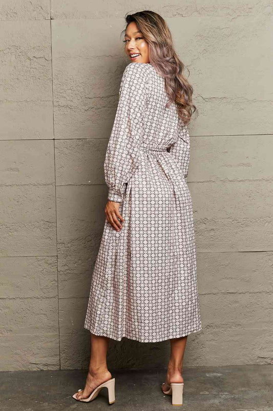 Printed Tie Waist Long Sleeve Dress