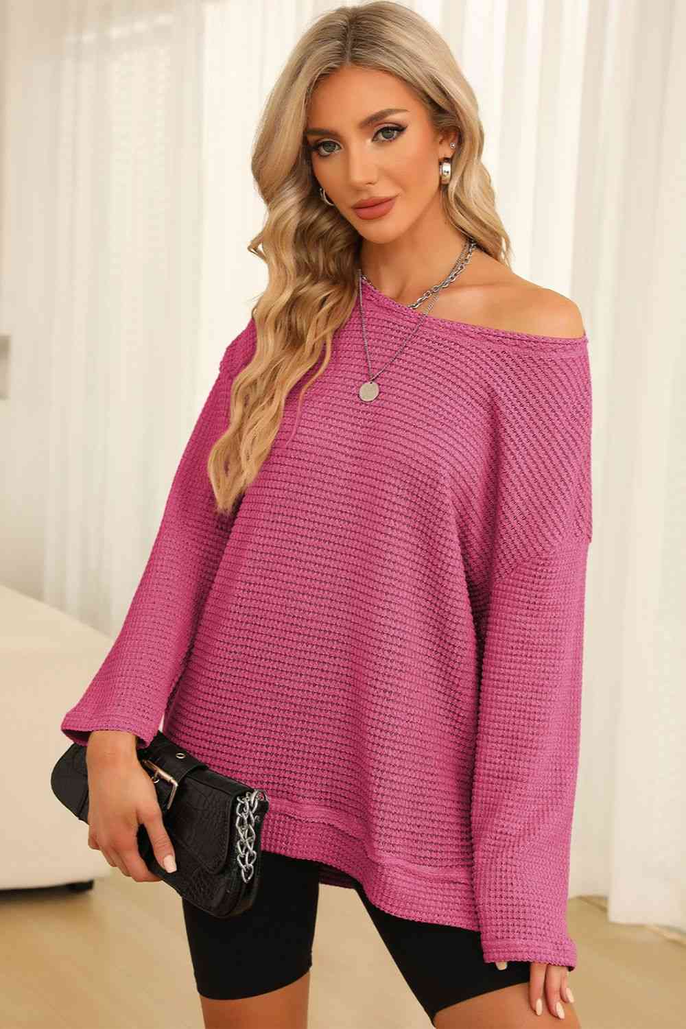 Waffle-Knit Round Neck Long Sleeve Sweatshirt