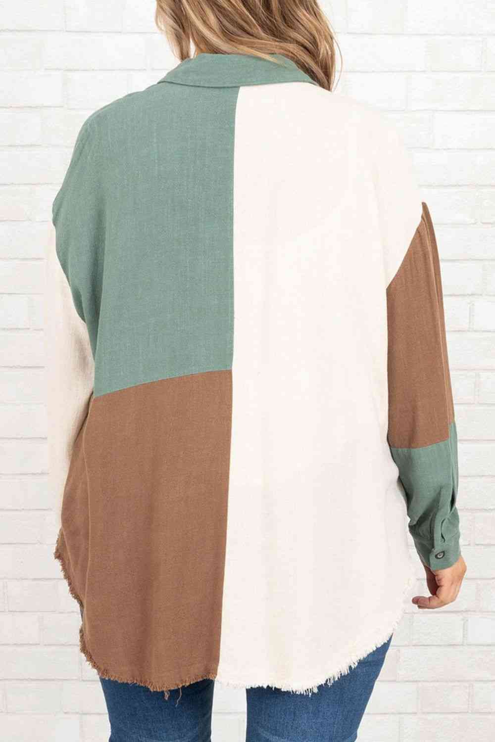 Plus Size Collared Neck Color Block Raw Hem Shirt