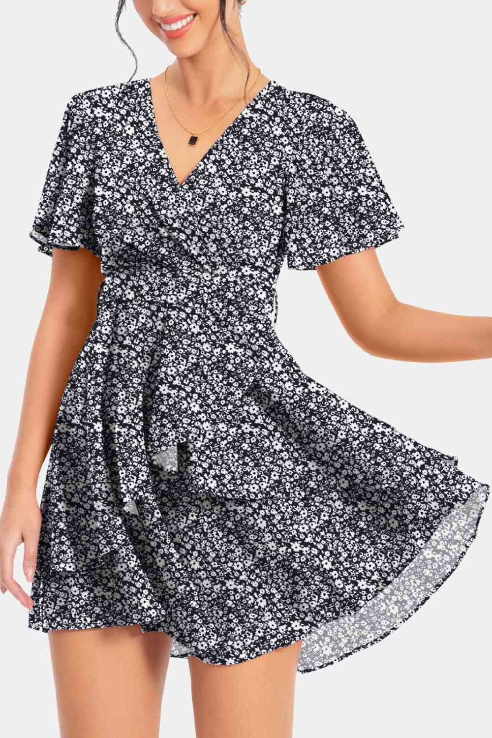 Surplice Neck Flutter Sleeve Dress