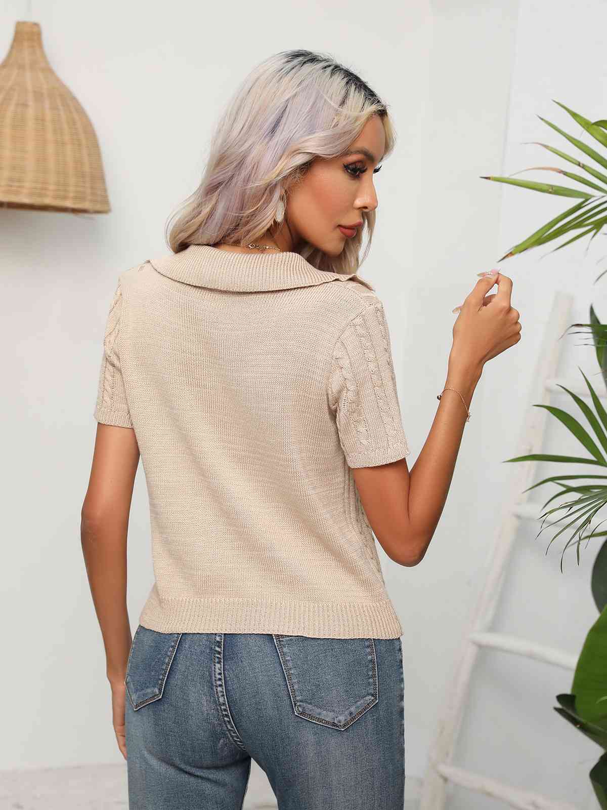 Cable-Knit Johnny Collar Short Sleeve Knit Top