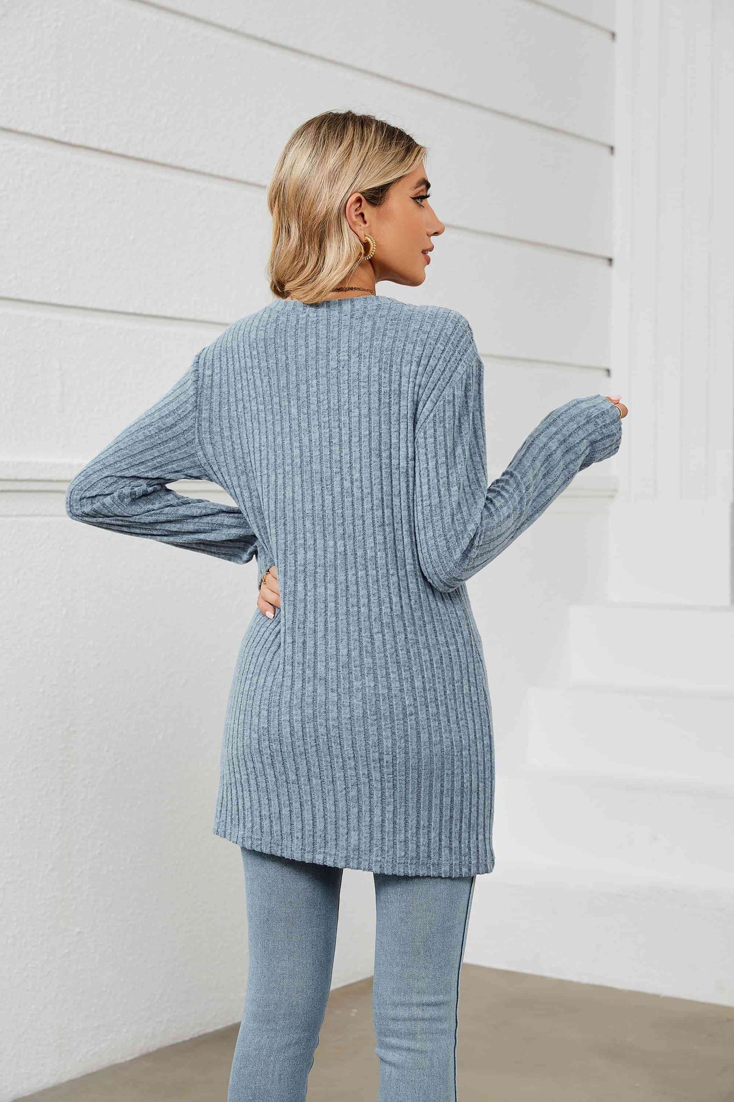 Notched Neck Ribbed Long Sleeve T-Shirt