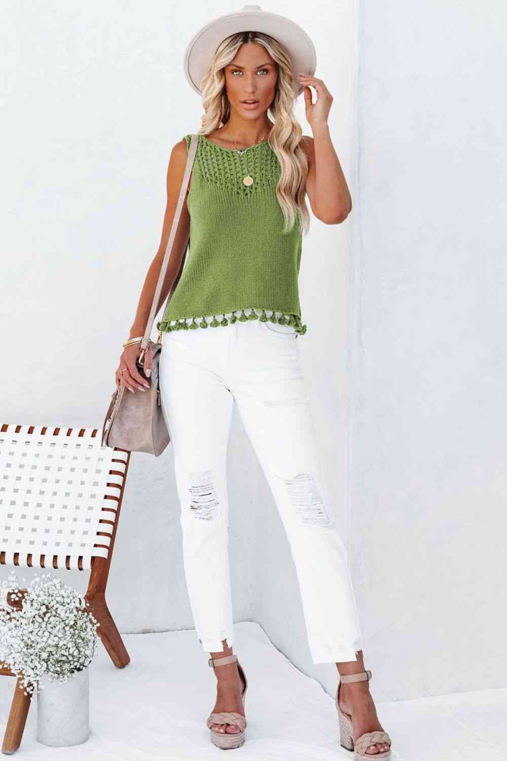 Openwork Tassel Hem Knit Tank