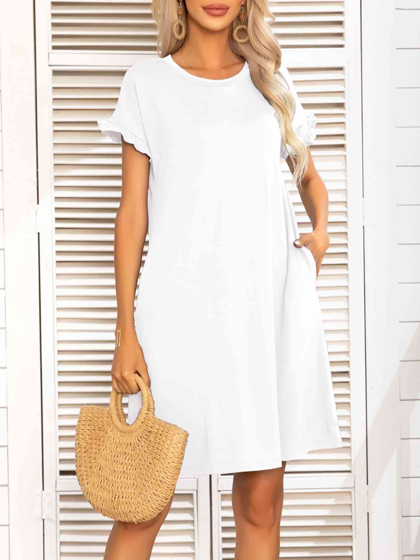 Round Neck Flounce Sleeve Dress with Pockets