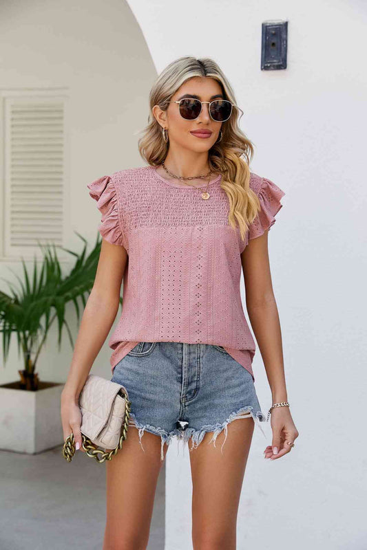 Smocked Round Neck Flutter Sleeve Top